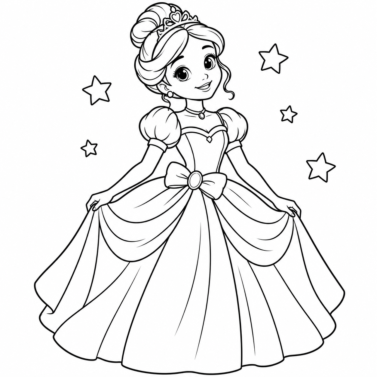 The Girl in Her Ball Gown coloring page with a flowing gown, puffed sleeves, and a small tiara